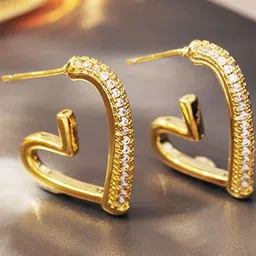 FIMBUL Gold-Plated Cubic Zirconia Studded Heart Shaped Half Hoop Earrings-picture-5