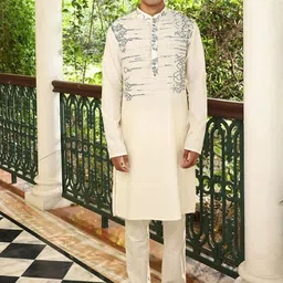 PATR Ethnic Motifs Embroidered Mandarin Collar Straight Kurta With Trousers-image-33