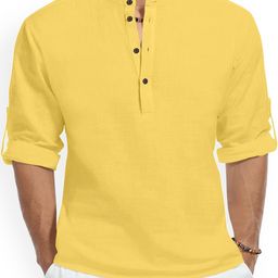 Fifth U Band Collar Roll-Up Sleeves Straight Short Kurta-image-88