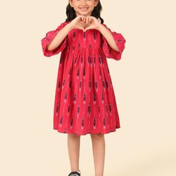 Fabindia Girls Ethnic Motifs Printed Bell Sleeve Gathered or Pleated Fit & Flare Dress-image-76
