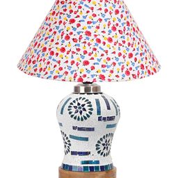 Devansh White Printed Frustum Shaped Wooden Table Lamp With Mosaic Glass Base image 5
