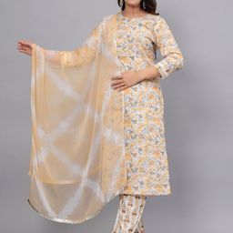 Fmkcreation Floral Printed Notch Neck Pure Cotton Straight Kurta With Trousers & Dupatta-46