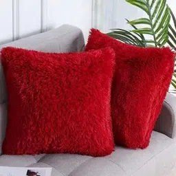 JDX Red 2 Pieces Fur Square-Shaped Microfibre Cushions image 2