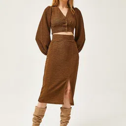 Olalook Self Design Puffed Sleeves Crop Top With Skirt-picture-17
