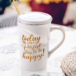 Gleevers Grey & Gold-Toned Printed Ceramic Glossy Mug With Lid & Spoon 400 ml-24