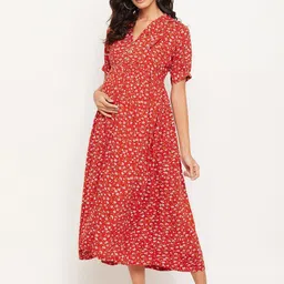 NABIA Floral Printed Midi A-Line Collar Maternity Dress-image-9