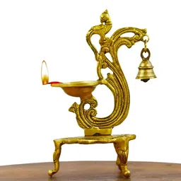 INTERNATIONAL GIFT Gold-Toned Bird Diya Figurine Showpiece With Bell Standing Oil Lamp-image-54
