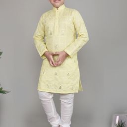 Little Clothings Boys Floral Embroidered Regular Mirror Work Linen Kurta with Churidar-picture-8