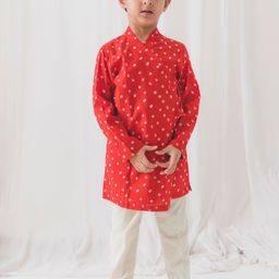 Tiber Taber Boys Bandhani Printed Pure Cotton Angrakha Straight Kurta With Pyjamas-55