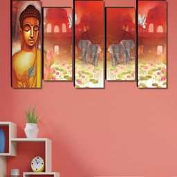 Myntra Elegant Homes Red & Yellow 5 Pieces Lord Buddha Canvas Religious Wall Art-image-50