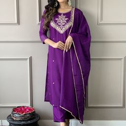 CANBIA Floral Embroidered Round Neck Straight Kurta With Trousers & Dupatta-picture-27