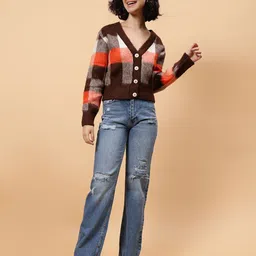 Fashion Gaiia Women Checkered V-Neck Woollen Cardigan-image-36