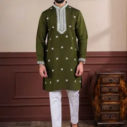 Koshin Embroidered Thread Work Mandarin Collar Straight Handloom Kurta-image-91