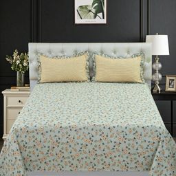 BREVARD White & Beige Floral Printed 210 TC King Bedsheet with 2 Pillow Covers 2.7m x2.7m-image-89
