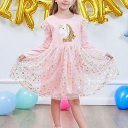 INCLUD Girls Unicorn Foil Printed Round Neck Fit & Flare Tulle Overlay Dress-image-86