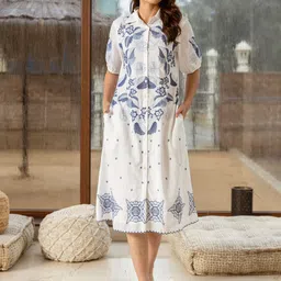 ZUMMER Women Tropical Embroidered Cotton Shirt Midi Dress-picture-45