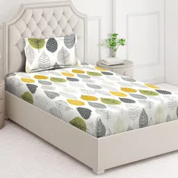 Arrabi Green Floral 350 TC Single Bedsheet with 1 Pillow Covers-image-40