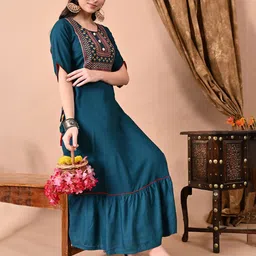 ftDiva Women Floral Embroidered Round Neck Fit And Flare Midi Dress-picture-13