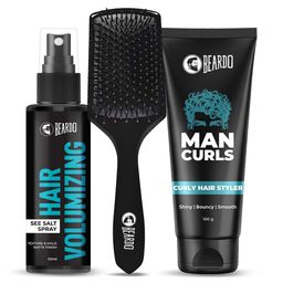 BEARDO Set of Hair Volumizing Spray + Man Curls Curly Hair Cream + Detangling Hair Brush-2