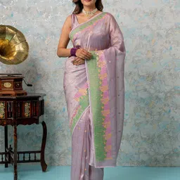 MIMOSA Floral Patchwork Silk Blend Designer Banarasi Saree-image-9