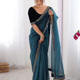 Mitera Embroidered Border Net Saree And Matching Blouse Piece-picture-26