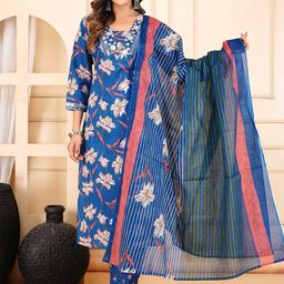 HERE&NOW Women Floral Printed Regular Pure Cotton Kurta with Trousers & With Dupatta-image-95