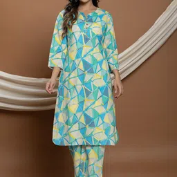 VEDANA Geometric Printed Pure Cotton Notch Neck Straight Kurta with Trousers-picture-41