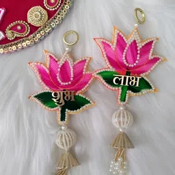 Sellplus Pack Of 2 Pink & Green Textured Lotus Patch Shubh Labh Hanging Torans-picture-42
