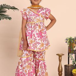 Cutiekins Girls Floral Printed V-Neck Gotta Patti A-Line Kurta With Sharara & Dupatta-picture-27