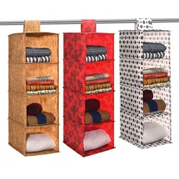 Kuber Industries Brown & Red 3 Pieces Foldable Multi-Utility Organisers-12