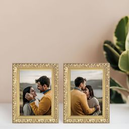 Golden Peacock Gold Toned 2 Pieces Self Design Rectangular Table-Top Photo Frames-56