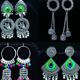 ANNORA INTERNATIONAL Women Pack of 4 Silver Oxidised Jhumkas Earrings-picture-6