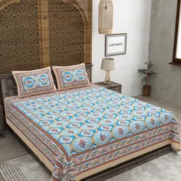 CLOTHOLOGY Blue & Yellow Floral Pure Cotton 180 TC King Bedsheet Set 2.75m x 2.25m-image-25