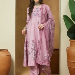 Janasya Women Lavender Cotton Blend Floral Printed Anarkali Kurta & Trousers With Dupatta-picture-18