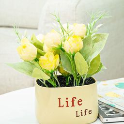 Ekhasa Yellow & Green Roses Artificial Flower With Cement Vase Pot-image-38