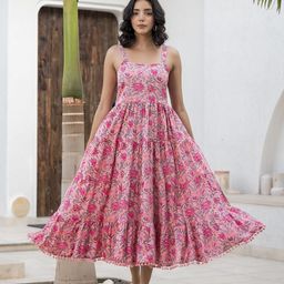 Chandbaali Floral Print with Pom-Pom Detail Fit & Flare Dress-image-94