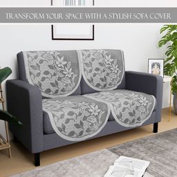 Aura Grey & White Floral Self Design 4 Pieces 2 Seater Cotton Sofa Cover-16