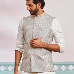 VASTRAMAY Floral Embroidered Woven Nehru Jacket-picture-49