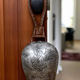 CowBell Hanging Silver Ganeshji Design Bell with Leather Loop for Home Decor Handheld Cowbell-image-23