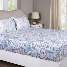 MASPAR Blue Floral Printed Pure Cotton 300 TC Double Bed Bedsheet Set 2.75 x 2.24 m-image-72