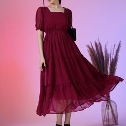 Femvy Women Puff Sleeve Fit & Flare Maxi Dress-picture-28