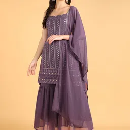 DISHWA FASHION Women Ethnic Motifs Embroidered Regular Sequinned Silk Georgette Kurta with Sharara & With-picture-8