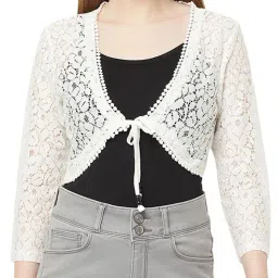 Women Lace 3/4th Sleeve White Shrug-image-10