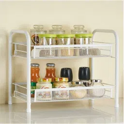 Utensil Kitchen Rack Multi-Purpose 2-Tier Metal Storage Rack Space Saving Kitchen Spice Rack (White) Iron-14