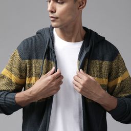 Roadster Men Navy Blue & Mustard Yellow Striped Hooded Cardigan-image-38