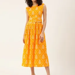 Maaesa Orange Ethnic Motifs A-Line Midi Dress-image-3