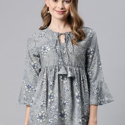 Cottinfab Floral Print Tie-Up Neck Bell Sleeve Crepe Empire Top-image-88