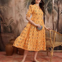 Sangria Indie Floral Mandarin Collar Ethnic Midi A-Line Dress-image-77