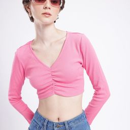 glitchez Chic Vibe Slim Fit Gathers Ribbed Fitted Crop Top-image-15