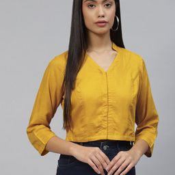Ayaany Mustard Yellow Solid Cotton Crop Top-picture-19